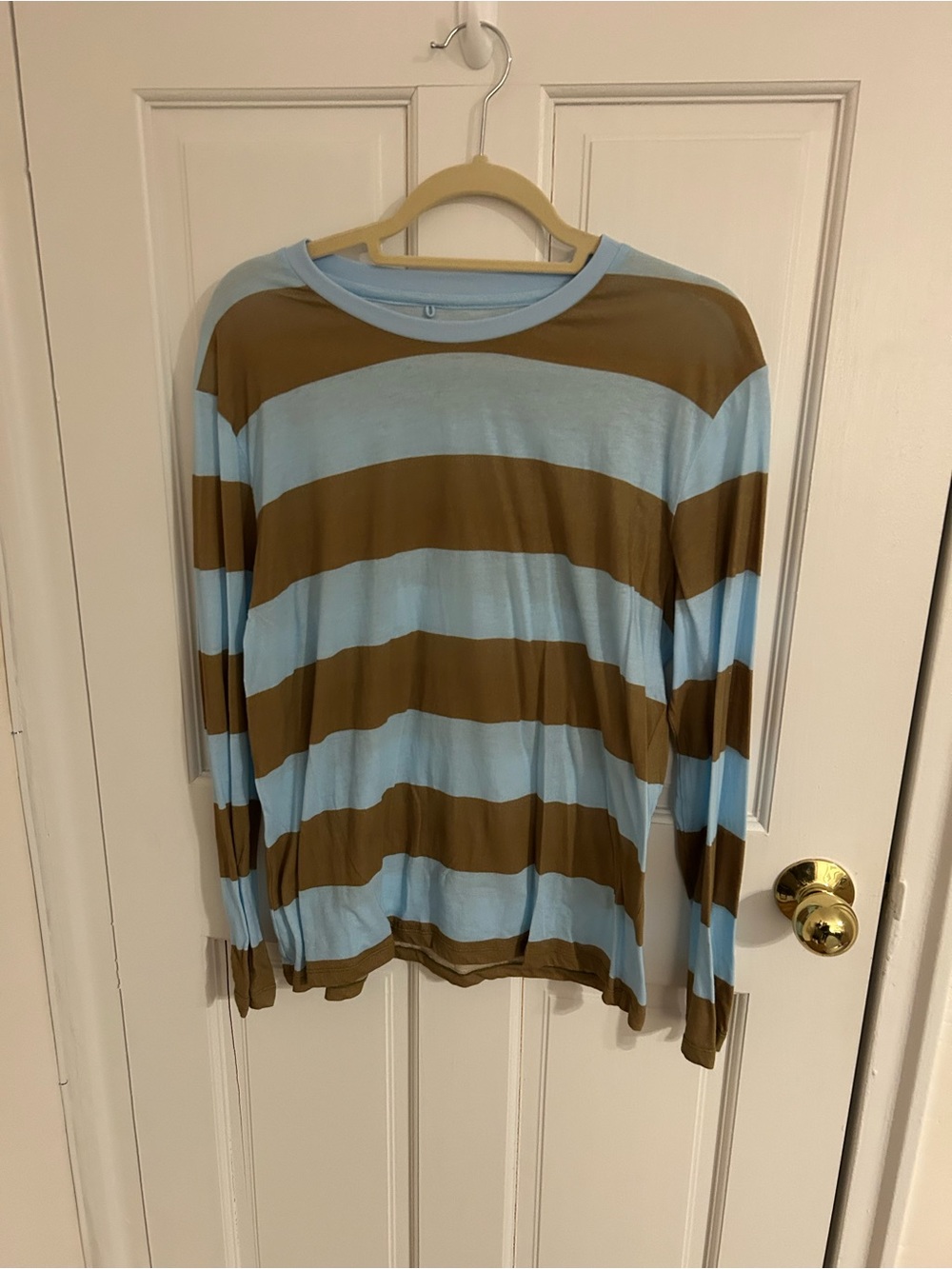CYNTHIA ROWLEY. Long-Sleeve Striped Shirt - Light Blue & Brown. WORN ONCE